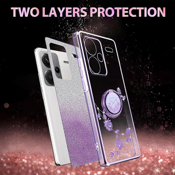 KADEM Etui til Xiaomi Redmi Note 13 Pro+ 5G med Ring Kickstand TPU Blomster Telefon Cover Gradient Glitter Multicolor Purple