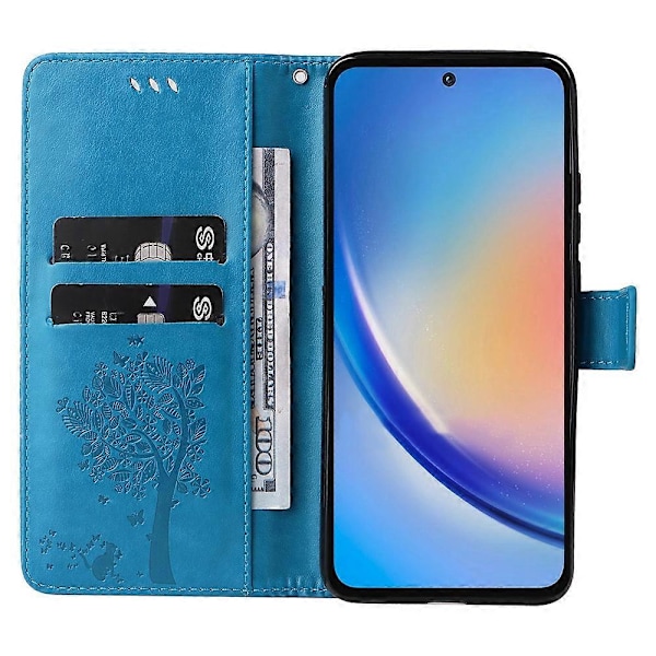 KT Imprinting Flower Series-3 til Samsung Galaxy A35 5G Cover Præget Katte Træ Læder Telefon Cover Multicolor Blue