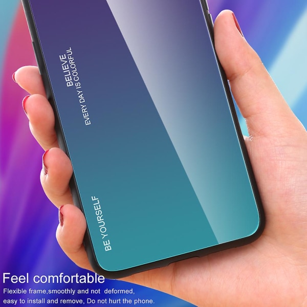 For iPhone 15 Telefondeksel Gradient Farge Herdet Glass + PC + TPU Anti-fall Deksel Cyan Blue