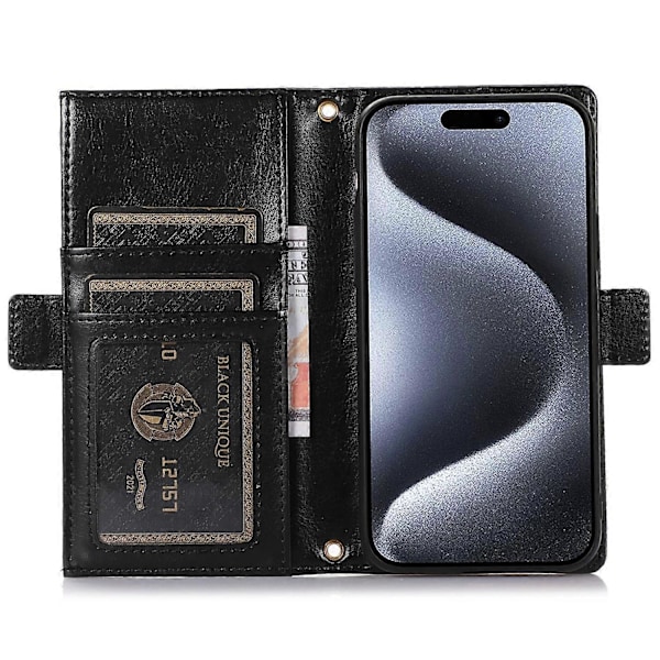 For iPhone 15 Pro Deksel Litchi Tekstur Glidelåslomme Anti-fall Lærdeksel med Stropp Multicolor Style A