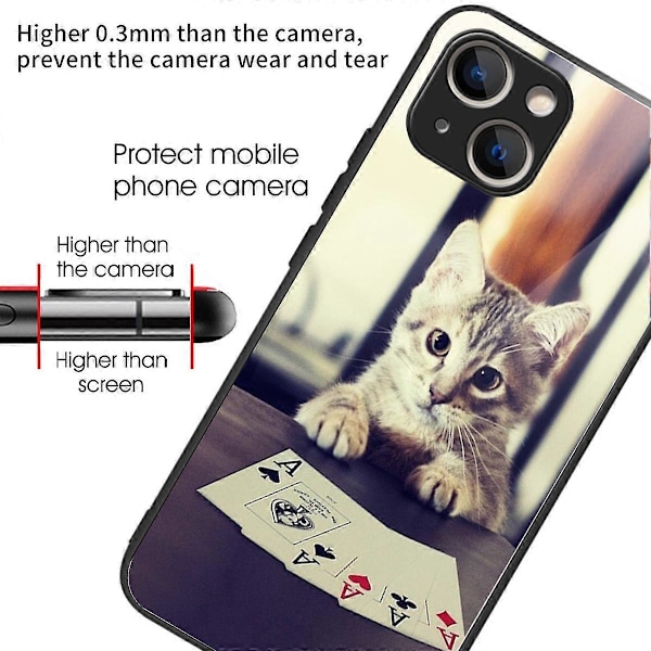 För iPhone 15 Plus Härdat Glas Skal TPU Kant Telefonskydd Multicolor Cat