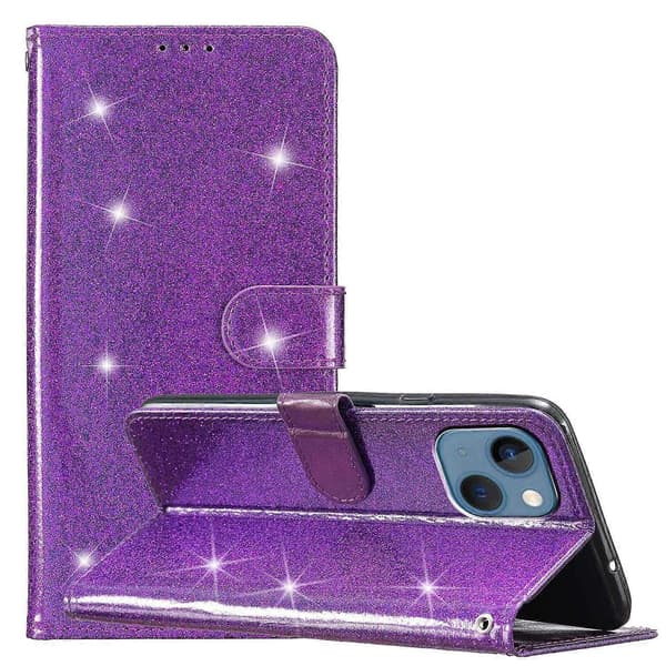 Glittrigt PU-läderfodral med folio flip plånboksstativ för iPhone 14 Plus Multicolor Style D