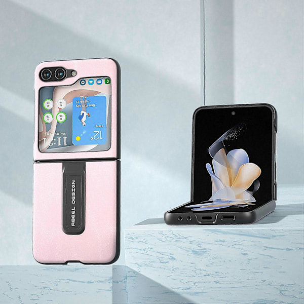 För Samsung Galaxy Z Flip5 5G Mobilskal med Kohudstruktur PU Läderbelagd PC Ställ Multicolor Style C