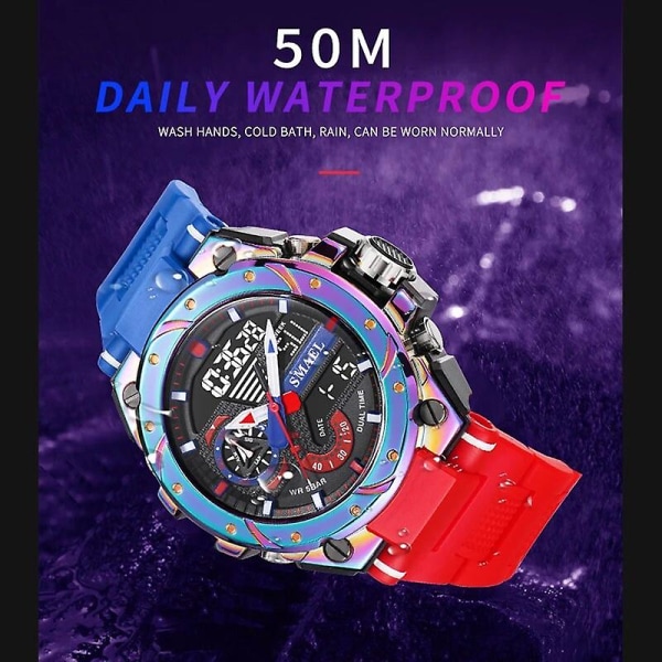 Smael Quartz Ur til Mænd Armbåndsure Watcholorful Rødt Armbånd 50m Vandtæt Vækkeur Analog Digital 8060 Sportsure BLUE