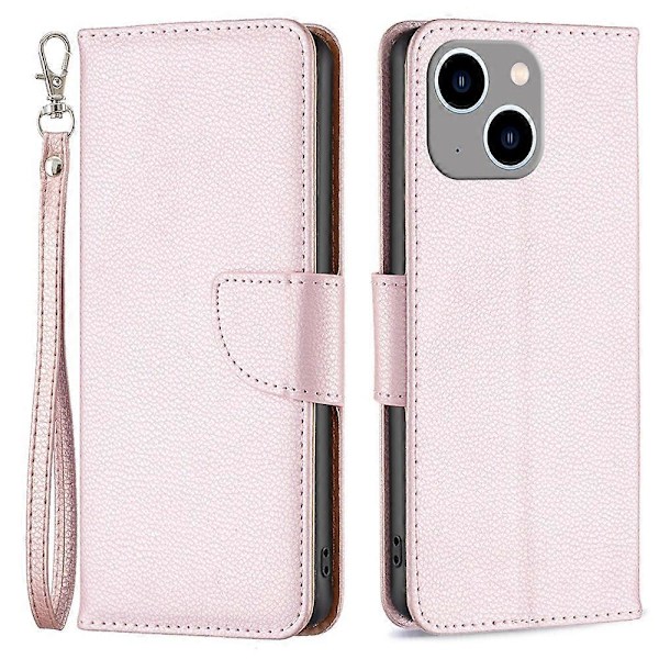 Til iPhone 15 Plus Støvtæt PU Læder Mobiltelefon Cover Wallet Flip Stand Case med Rem Multicolor Style H