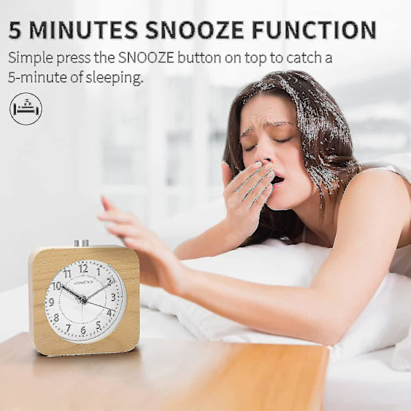 Vækkeur til sengebord, lydløst vækkeur uden tikken med snooze-funktion, natlys, trærejseure batteridrevet til soveværelser 1 Aa batteri R