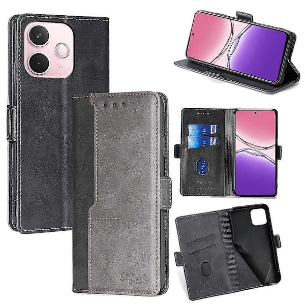 Til Oppo A5 Pro 4G/ 5G/ A5 Energy 5G Etui Kontrastfarve Tegnebog Læder Telefon Cover Multicolor Black + Grey