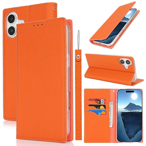 Læder Wallet Case til iPhone 16 Plus med Litchi Tekstur Multicolor Style F