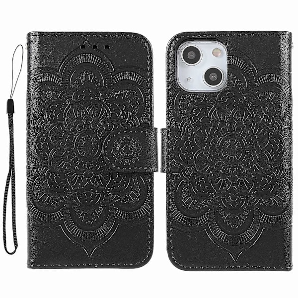 Präglad Mandala Blomma PU Läder Telefonställ Skydd Plånboksfodral med Rem för iPhone 13 6.1 tum Multicolor Style A