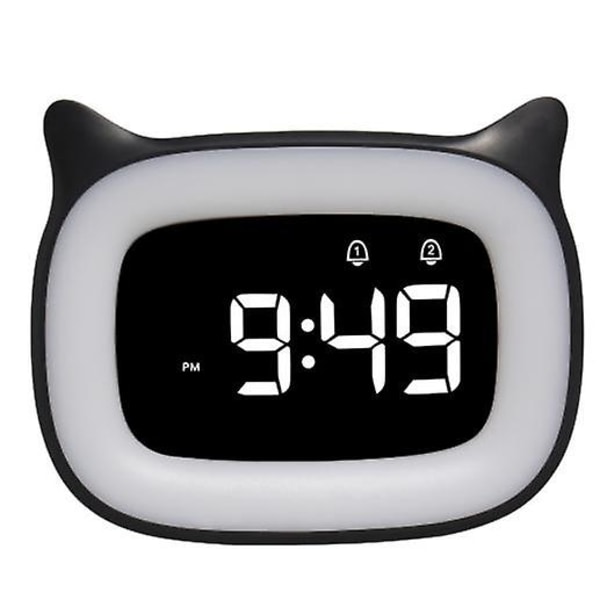 Söt katt öronväckare Ith nattljus, dimbar digital klocka för barn inredning i sovrummet, laddningsbar väckarklocka för pojkar och flickor Black