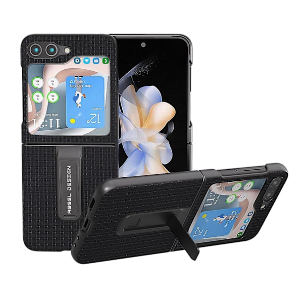 Ylellinen teksturoitu jalustakotelo Samsung Galaxy Z Flip5 5g -puhelimelle, aitoa lehmännahkaa + PC-puhelinkotelo Black