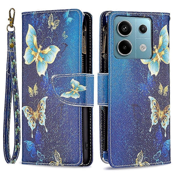 BF03 Mønsteretui med lynlås i PU-læder til Xiaomi Redmi Note 13 Pro 4G/Poco M6 Pro 4G Multicolor Golden Butterflies