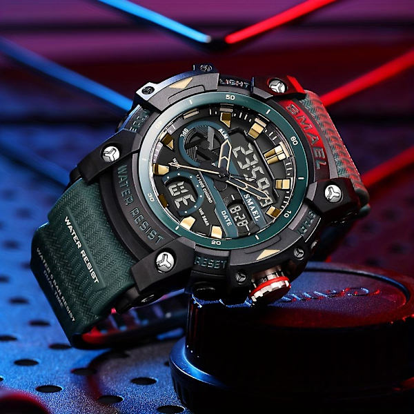 Smael Herrmode Dual Time Display Quartz Armbandsur, Transparent Sport utomhus Vattentät Digitala klockor med Pu-rem Black