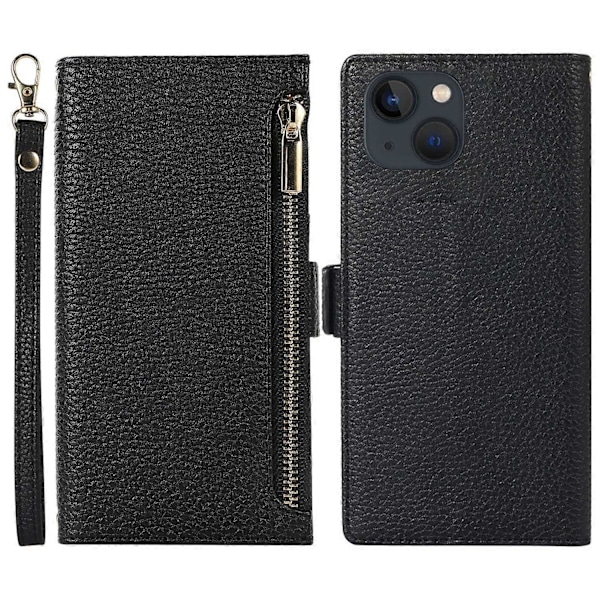 Fodral till iPhone 15 Plus med dragkedjeficka, PU-läder med litchistruktur och rem Multicolor Style E