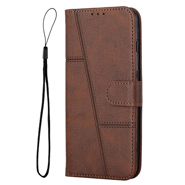 For Vivo Y33s / Y21s / Y21 Sammenleggbart Stativ Sydd Pu-Lærveske Stativ Magnetisk Lukking Støtsikker Flip Folio Bokdeksel Med Stropp Brown