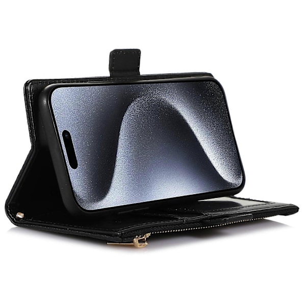 For iPhone 15 Pro Deksel Litchi Tekstur Glidelåslomme Anti-fall Lærdeksel med Stropp Multicolor Style A