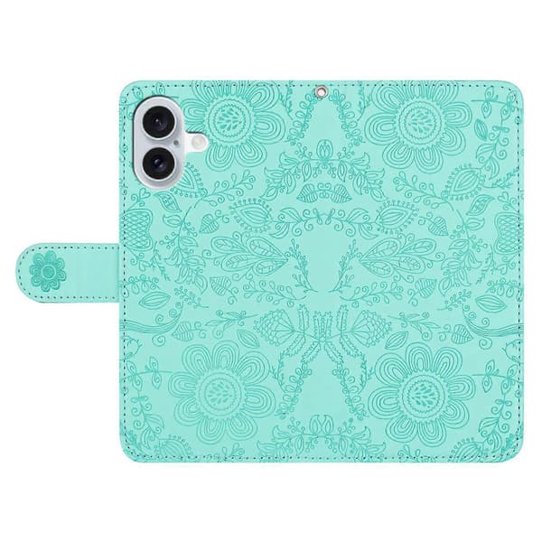 Blomsterpreget lommebokdeksel i skinn med flip-funksjon og håndleddsstropp til iPhone 16 Plus Multicolor Style E