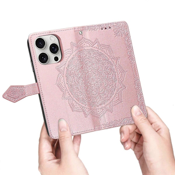 Til iPhone 16 Pro Max Wallet Case Mandala Blomst Læder Telefon Cover Stativ View-Grøn Multicolor Rose Gold