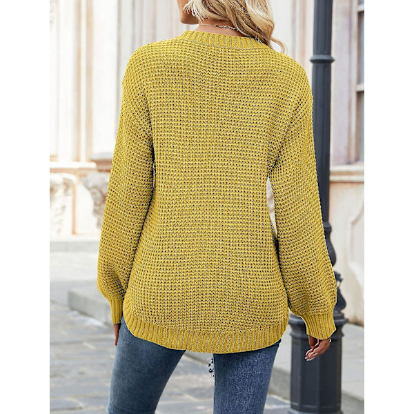 Dam 2023 Höst Casual Höst Våffelstickad tröja Lång ballongärmad lös tröja Mustard X-Large