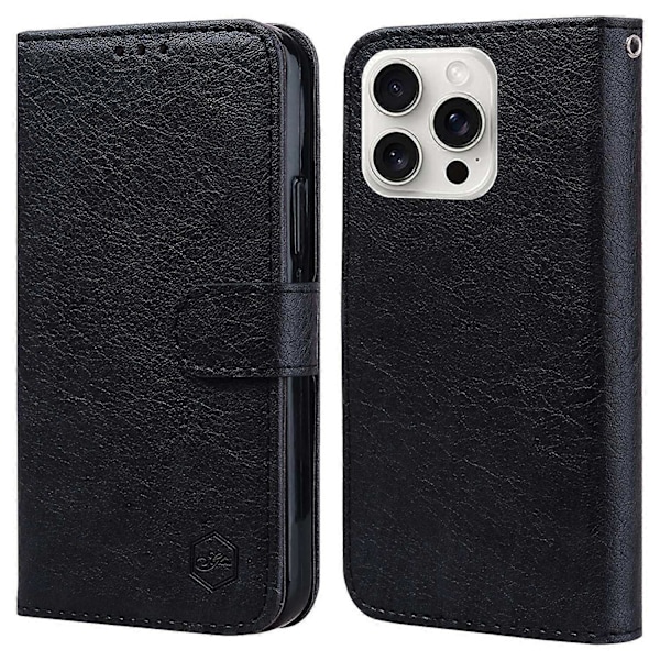 Til iPhone 16 Pro Etui Ensfarvet Læder Foldbart Stativ Wallet Læder Telefon Cover- Multicolor Black