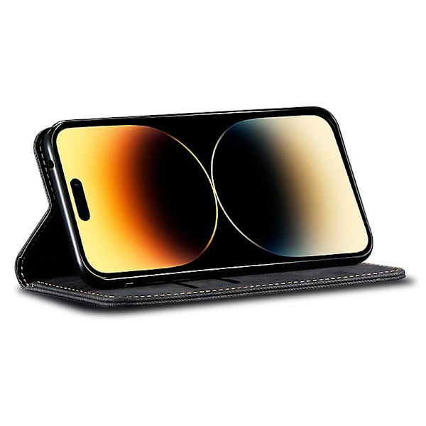 IPhone 15 Plus iskunkestävä puhelinkotelo lompakolla, jalustalla, PU-nahkaa ja farkkukangasta, puhelimen suojakuori Black