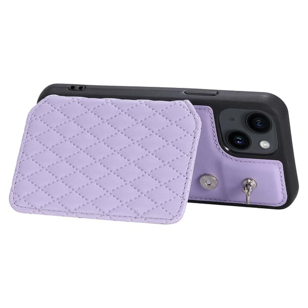För Iphone 15 Plus Rfid Blocking Case Drop Resistant Pu+tpu telefonskal med handledsrem Purple