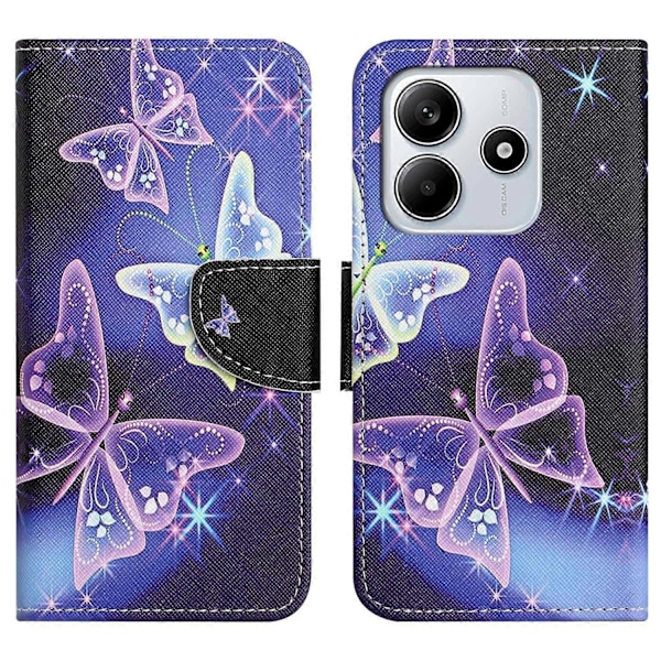 Til Xiaomi Redmi Note 14 4G Etui Mønstertryk Kryds Tekstur Læder Telefon Cover Multicolor Sparkling Butterfly