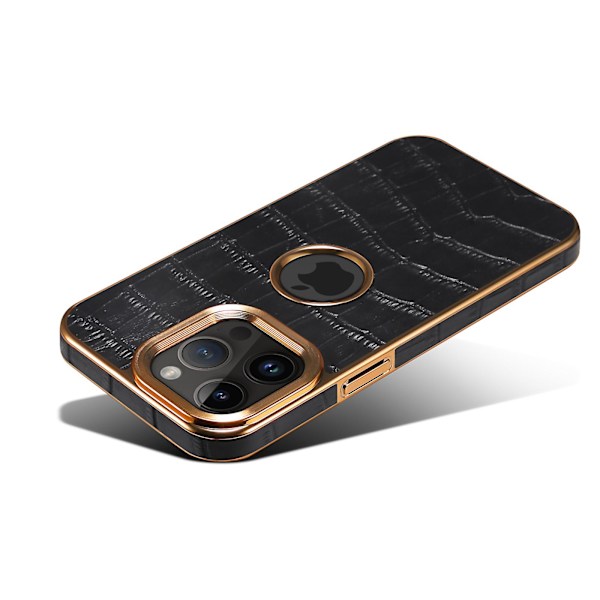 För Iphone 13 Pro Max Läderbelagd phone case Galvanisering Pc+tpu cover med logotypvy Black