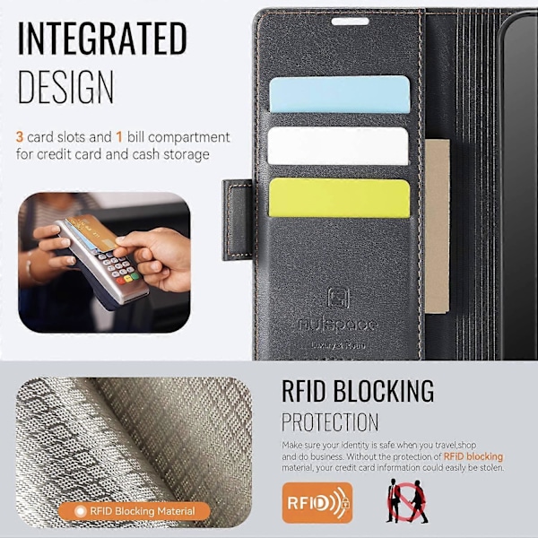 Samsung Galaxy A32 5G -kotelo AUTSPACE A11 RFID-suojattu retro nahkainen matkapuhelinlompakkokotelo Multicolor Black