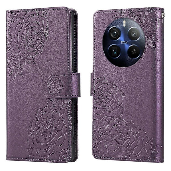 PU Lær Etui For Realme 12+ 5G/12 4G/13 4G Rose Blomst Lommebok Telefondeksel med 3 Kortspor Multicolor Dark Purple