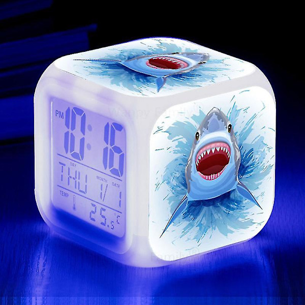 Shark Alarm Clock 7-färgad glödande digitala klockor Barn Baby Sovrum Multifunktion Små nattljus B Blue