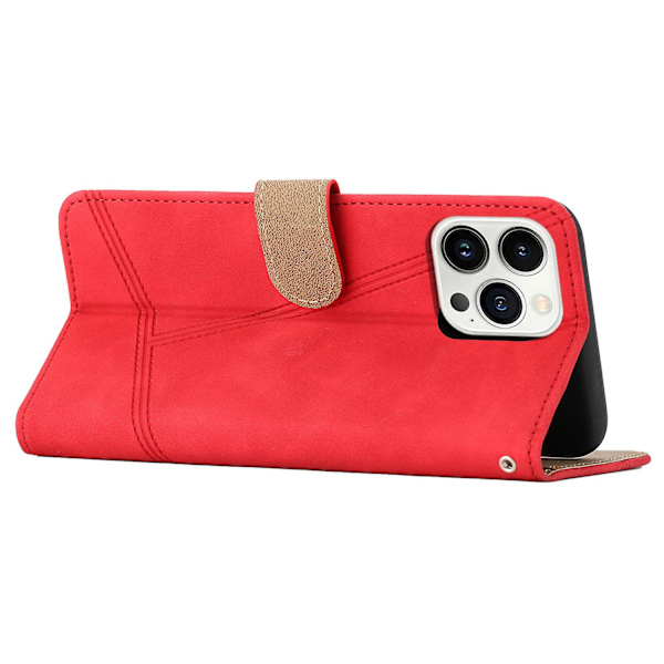 Retro PU læder wallet cover til Iphone 15 Pro - Hudvenlige linjer præget telefoncover med stativ Red