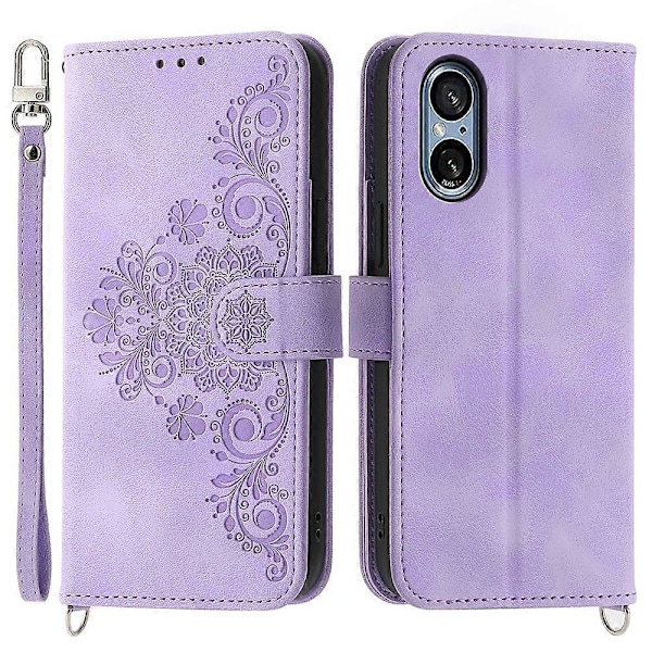 För Sony Xperia 5 V Fodral Präglat Läder Telefonskal med Handrem+Axelrem Multicolor Style B