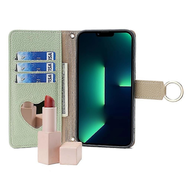 För iPhone 15 Pro PU Läder Ringhållare Telefonfodral Plånboksställ Fullt Skydd Skal med Sminkspegel Multicolor Style A