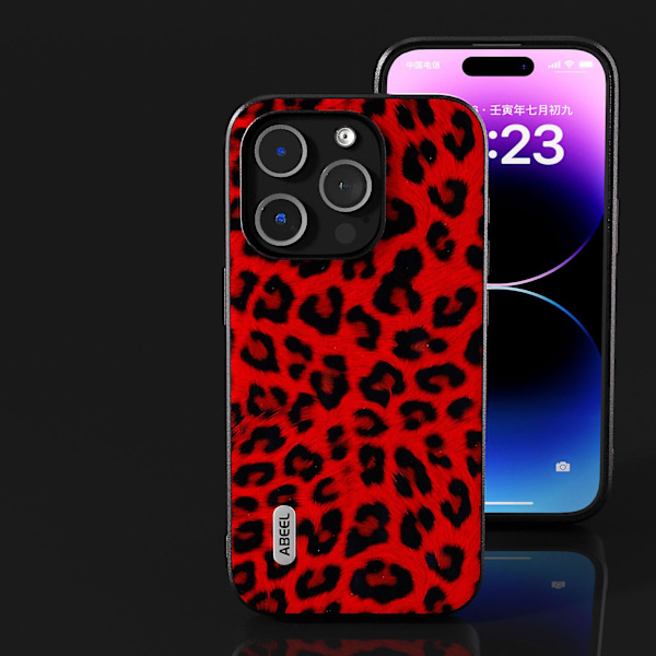 För Iphone 15 Pro Max Leopard Mönster Phone case Pu Läder + PC + Tpu Slim Cover Red