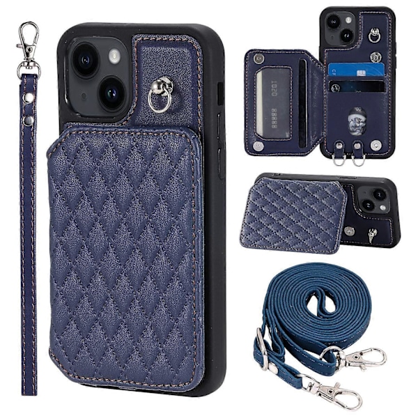Style 008 Til iPhone 15 Plus RFID Blokerende Stødsikkert Cover PU+TPU Telefon Shell med Stropper Multicolor Style E