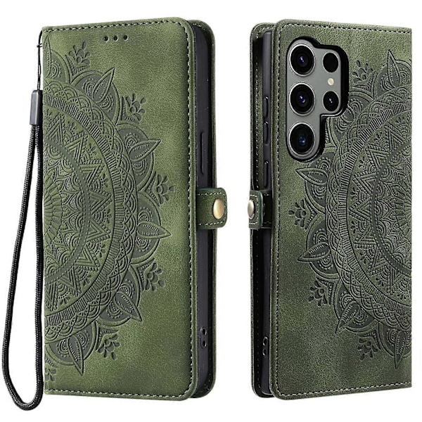 Tyyli 016 Samsung Galaxy S24 Ultra -kotelolle, ihon tuntuinen toteemikuvioitu lompakko nahkainen puhelinkotelo Multicolor Blackish Green