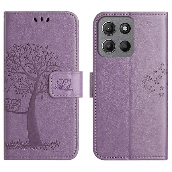 Til Motorola Moto G15 4G/G15 Power 4G Etui PU Læder Ugle Træ Præget Tegnebog Telefon Cover - Grå Multicolor Purple