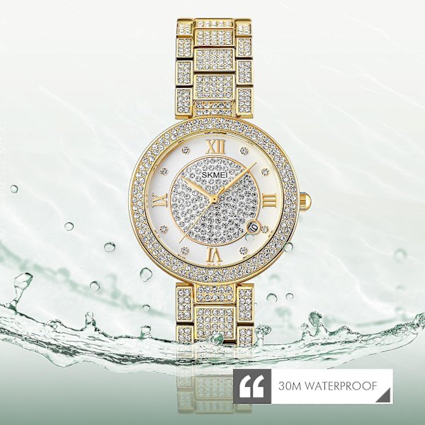 Skmei 1739 Diamond Round Dial Quartz Watch For Ladies Gold