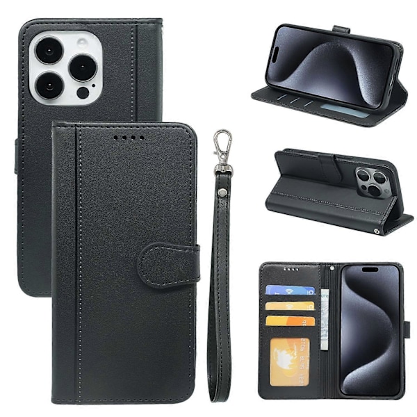 Til iPhone 16 Pro Max Wallet Case Magnetisk Lukning Læder Telefon Cover med Rem - Grøn Multicolor Black