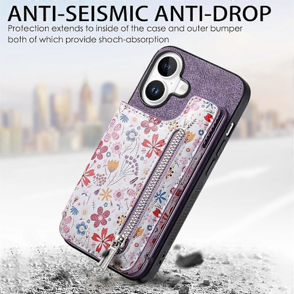 D10 Fodral för iPhone 16 Plus Mönster Ställ Plånbok Läder+TPU Telefonskal RFID-skydd - Grön Multicolor Purple