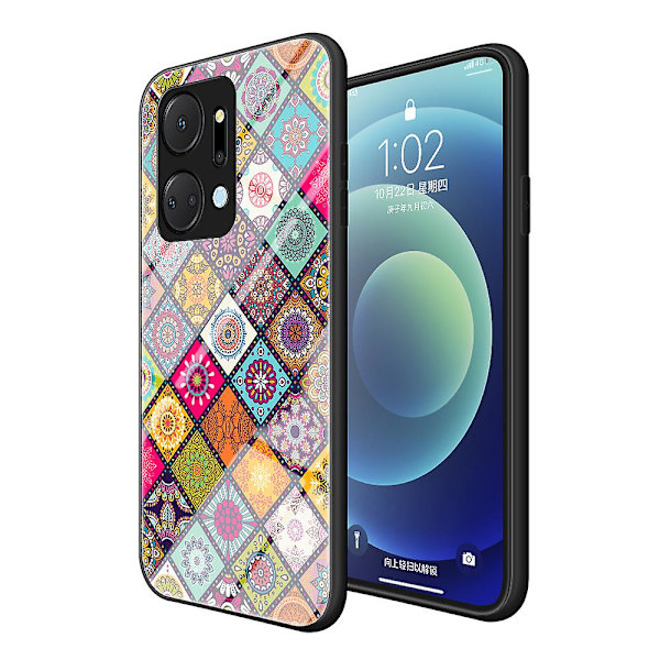 Kukkakuvioinen puhelinkotelo Honor X7a 5g:lle, jalustallinen PC+TPU+karkaistu lasi -puhelinkuori kaulanauhalla Color Pattern