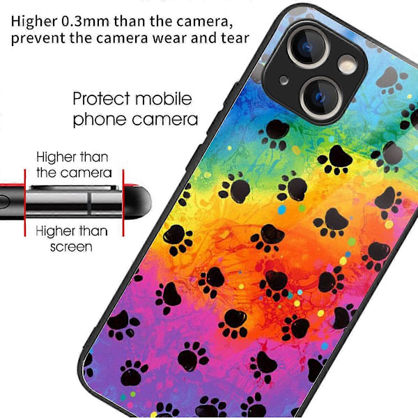 Til iPhone 15 Plus Hærdet Glas Cover TPU Kant Telefon Beskyttelsescover Multicolor Footprint
