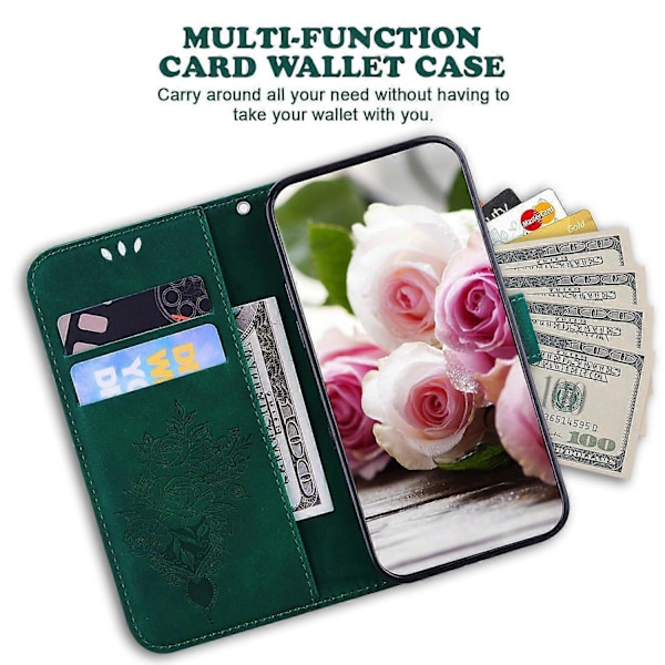 Stand Wallet Læder Etui til Nokia C32, Rose Sommerfugl Præget Fuld Beskyttelse Telefon Cover - Multicolor Green