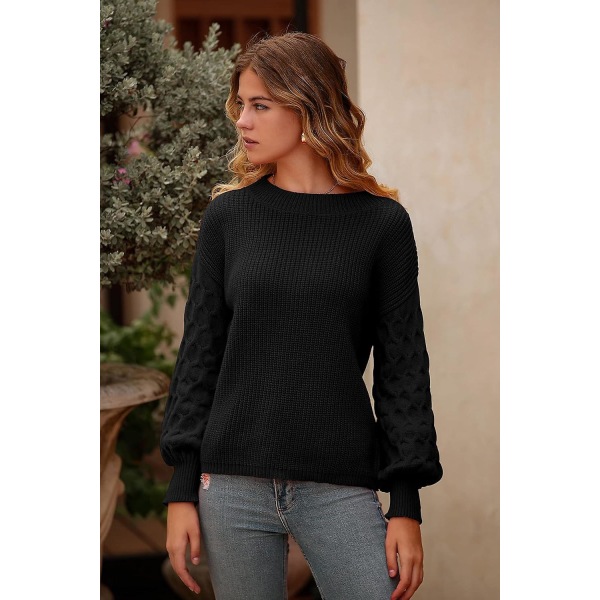 Dame 2023 Vinter Pullover Sweater Afslappet Langærmet Rund Hals Løs Tyk Strikket Jumper Toppe Bluse Black Small