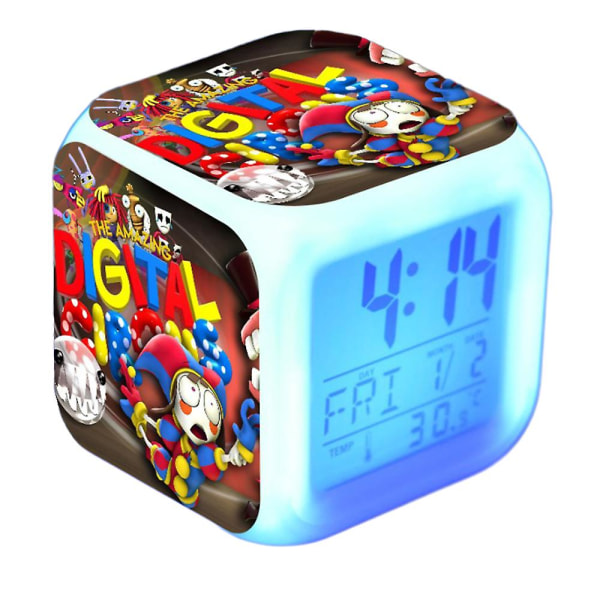 The Amazing Digital Circus Led digital väckarklocka 7 färgglada ljus sovrumsinredning med tid, temperatur, alarm, datum för barn A