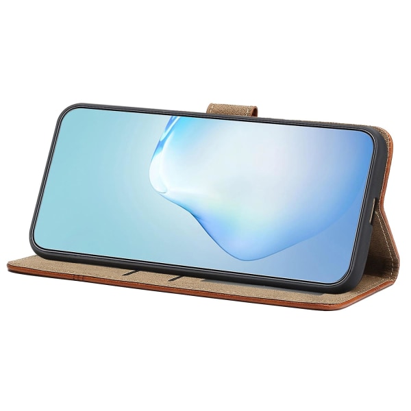 Læder Wallet Case til iPhone 15, Linje Præget Ko Læder Tekstur Stand Telefon Cover Brown