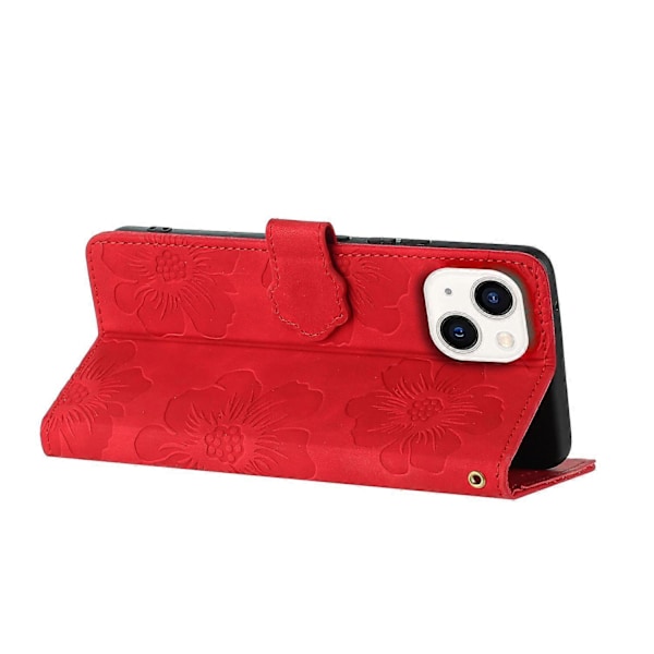 PU-læder telefonpung med blomsterprægning og flip-stativ til iPhone 14 Plus Multicolor Style D