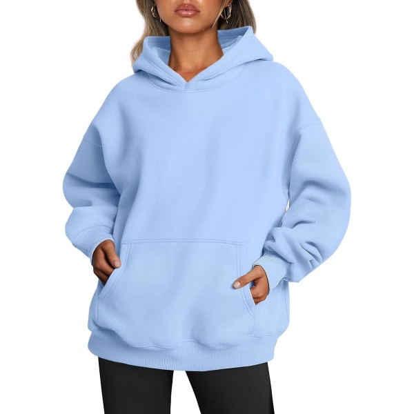 Damoversized hoodies Fleece sweatshirts Långärmade tröjor Pullover höstkläder med ficka Sky Blue Small