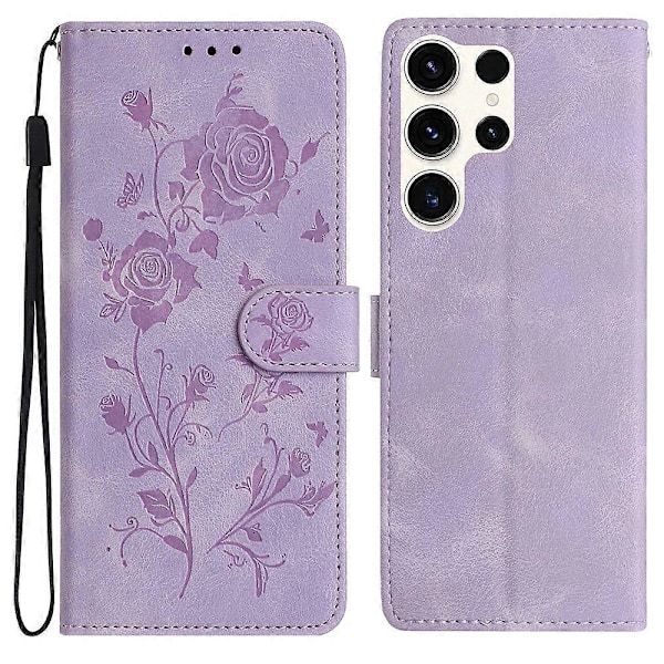 Til Samsung Galaxy S24 Ultra Wallet Case Rose Mønster Præget Læder Flip Stand Telefon Cover Multicolor Light Purple